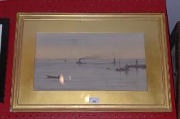 A C19th watercolour by Edward Fahey harbour scene at dusk glazed and framed with details verso