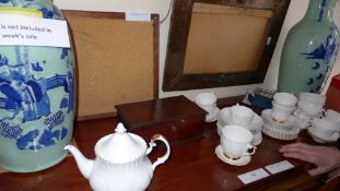 An Arts and Crafts copper clad picture frame only with blue enamel detail and a corkboard (2)