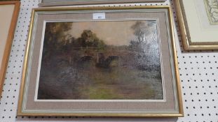 A late C19th oil on canvas of an old stone bridge over still waters, signed S.M. dated 1895