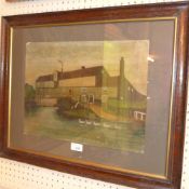 A naive oil on paper of Falkenham Mill in Norfolk glazed and in oak frame