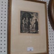 A Russian etching interior scene signed in pencil glazed and framed