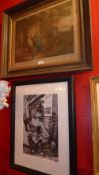 A glazed and framed coloured mezzotint and a black and white photograph exterior shot of a cheese
