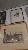 A glazed and framed etching and aquatint village scene and another of King Charles Tower Chester