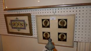 A glazed and framed set of four prints on glass of gentlemen and an Eastern painting of sportsmen on