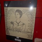 A framed line drawing by Louis Touchagues to commemorate the visit of The Queen to Paris in April