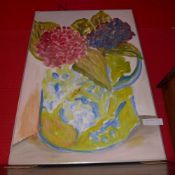 An oil on board still life study of Hydrangeas signed Rey in metal frame