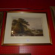 A glazed and framed watercolour landscape with figures on a path beside a lake with castle in the