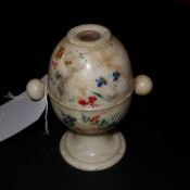 A Victorian alabaster 'Peep Egg' having image of Greenwich and two fold diorama within