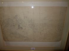 A glazed and framed Carl Werner pencil drawing for a larger study