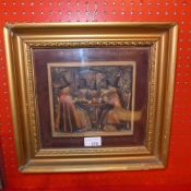 A glazed and framed wax relief 'Welsh Tea Party' in velour lined gilt frame