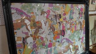 A large Eastern print on linen glazed and in black painted swept frame