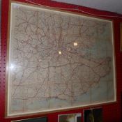 A glazed and framed detailed map of South East England