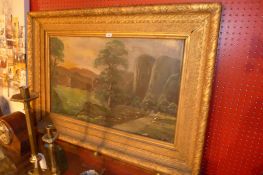 An oil on canvas landscape scene of large size, signed indistinctly, in an ornate gilt frame