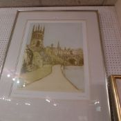 A glazed and framed Richard Beer etching of a cathedral in Oxford