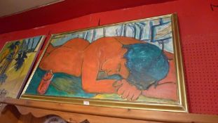 A painting on board reclining nude signed Rey in gilt frame