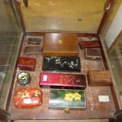 A collection of various boxes including papier mache, lacquered, mahogany and others