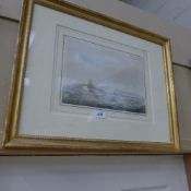 A watercolour coastal view with sailing vessels to the fore and land in the distance signed in