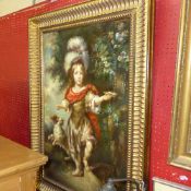 An oil on canvas depicting classical child with dog in gilded frame