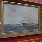 An oil on canvas depicting a clipper in full sail signed lower right