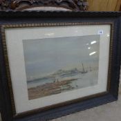 A watercolour Neapolitan coastal view with sailing vessel and fisher folk framed and glazed