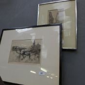 A C19th etching continental town scene and a C20th similar street scene