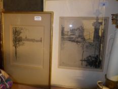 A French etching The Seine, signed in pencil and a similar etching