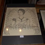 A framed pencil drawing by Louis Touchag