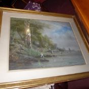 A C19th watercolour lake scene with hero
