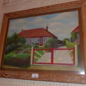 A naive oil on board study of a bungalow