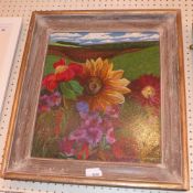 An oil on canvas brightly coloured lands