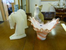 Pair of Marble Book Ends - Ceramic Cat & Murano Glass Bowl