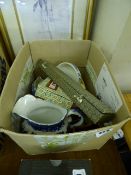 Box Containing Old China Items Including Wade - Blue & White Jug - Figurines etc