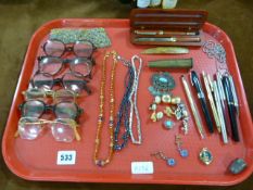Tray Containing Costume Jewellery - Pens etc