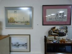 Water Colour of The Humber Bridge - Pen Drawing of A Marine Scene and Another