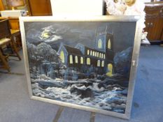 Large Oil on Canvas Depicting A Church Graveyard Scene