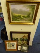 Gilt Framed Oil Painting Depicting A Country Scene - A Tapestry Picture & 4 other Water Colours