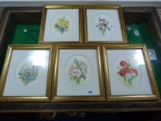 5 Gilt Framed Water Colours of Flowers