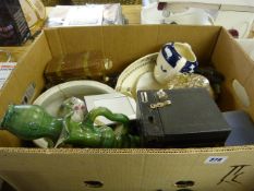 Box Containing Old Cameras - Tea Caddy - China Ware etc