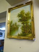 Gilt Framed Oil Canvas Painting Depicting A Country Scene