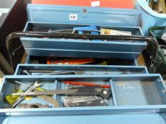 Blue Metal Cantilever Tool Box Containing Hand Tools