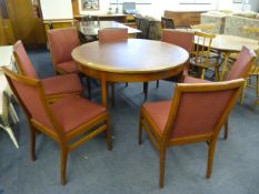 Circular Dining Table with Red Leatherette Insert & 7 Chairs