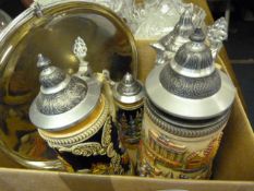 4 Ceramic Steins & Silver Plated Dish