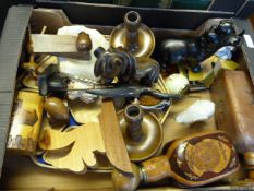 Box Containing Treen Items including Candlesticks - Door Stops etc