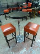 Dark Wood Poser Table on Chrome Pedestal with 2 High Seat Stools with Red Leather Tops