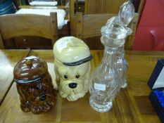 2 Vintage glass Decanters & 2 Cookie Jars