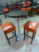 Dark Wood Poser Table on Chrome Pedestal with 2 High Seat Stools with Red Leather Tops