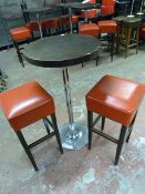 Dark Wood Poser Table on Chrome Pedestal with 2 High Seat Stools with Red Leather Tops
