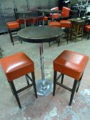 Dark Wood Poser Table on Chrome Pedestal with 2 High Seat Stools with Red Leather Tops