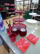 3 Tier Red Glass Cake Stand - Candle Holders etc
