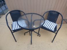 Circular Patio Table with Glass Top & 2 Tubular Chairs with Rattan Seats